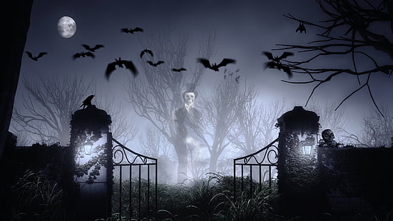 череп, мистик, луна, кладбище, летучая мышь, хэллоуин, призрак, HD обои HD wallpaper