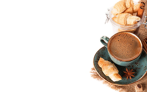 croissant, foam, saucer, beverage, coffee, mug, HD wallpaper HD wallpaper