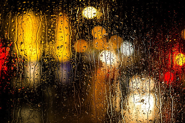 water flowing down on the glass bokeh photography, water, drops, surface, rain, color, texture, HD wallpaper