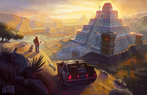 произведение искусства, ацтеки, «Назад в будущее», DeLorean, фэнтези-арт, майя, фильмы, пирамида, HD обои HD wallpaper