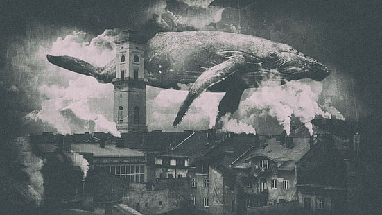smoke, flying, steampunk, whale, monochrome, city, Lviv, HD wallpaper HD wallpaper