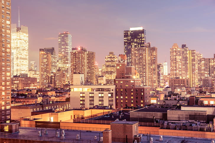 Manhattan, Midtown, Cidade de Nova York, Manhattan, Midtown, EUA, noite, cidade, Arranha-céus, telhados, Edifícios, luzes, janelas, farol, HD papel de parede