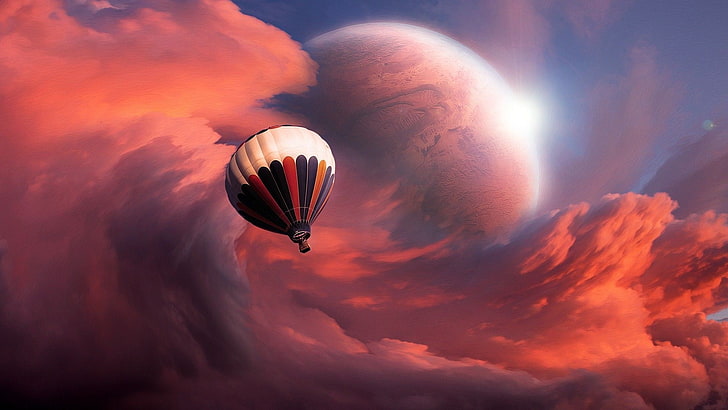 globo de aire caliente blanco y rojo, obras de arte, arte de fantasía, globos de aire caliente, nubes, vuelo, colorido, abstracto, planeta, brillante, vehículo, arte espacial, Fondo de pantalla HD