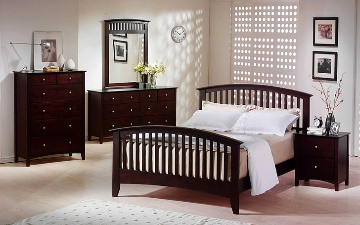 black wooden bedroom set, bed, nightstand, dresser, furniture, bedroom, HD wallpaper