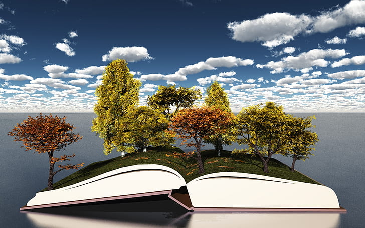 Natürliches offenes Buch, Bäume, Buch, Kunst, Landschaft, HD-Hintergrundbild