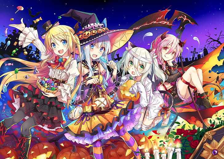 Anime Girls, Halloween 2016, Hexe, Succubus, Loli, Neko, Tierohren, Anime, HD-Hintergrundbild