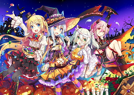 anime girls, halloween 2016, witch, succubus, loli, neko, animal ears, Anime, HD wallpaper HD wallpaper