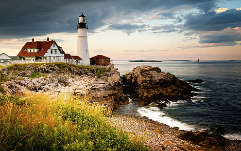 Portland Head Light, Cape Elizabeth, lighthouse, gulf of Maine, coast, Portland, Head, Light, Cape, Elizabeth, Lighthouse, Gulf, Maine, Coast, HD wallpaper HD wallpaper