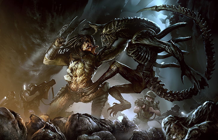 Alien vs. Predator, artwork, Xenomorph, aliens, creature, horror, space marines, HD wallpaper