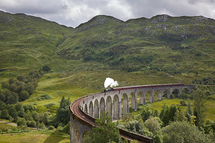 Vehicles, Steam Train, Glenfinnan viaduct, Highlands, Mountain, Scotland, United Kingdom, Viaduc, HD wallpaper