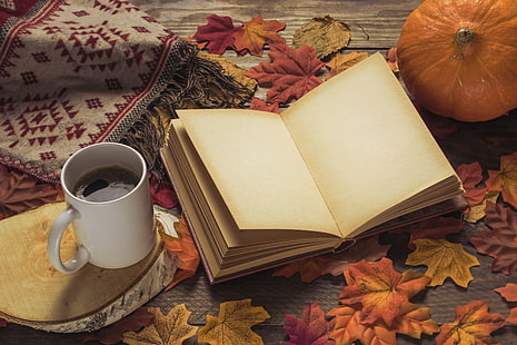 jesień, liście, tło, drzewo, kawa, kolorowy, szalik, filiżanka, książka, deska, drewno, klon, Tapety HD HD wallpaper