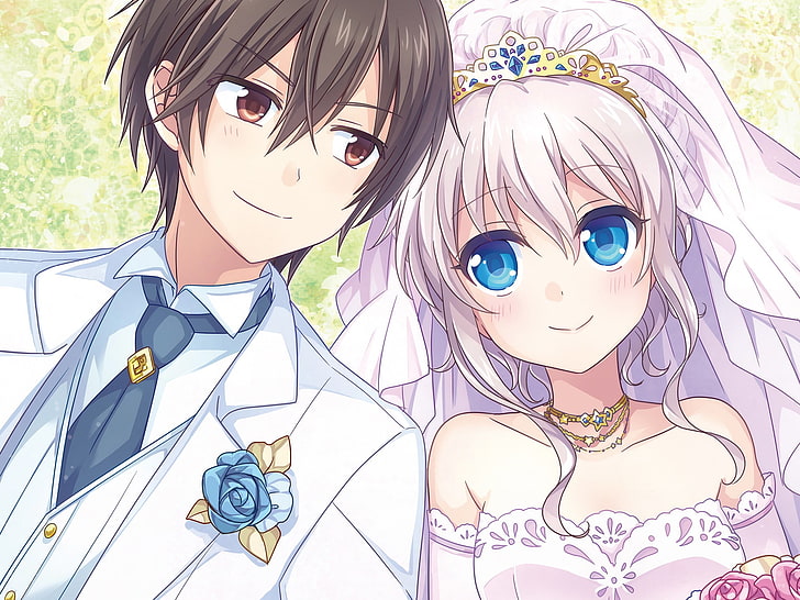 männliche und weibliche Anime-Figur Illustration, Charlotte (Anime), Tomori Nao, Otosaka Yuu, Hochzeitskleid, lächelnd, errötend, HD-Hintergrundbild