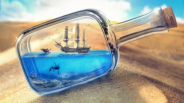 bottiglie, sabbia, nave in una bottiglia, Sfondo HD