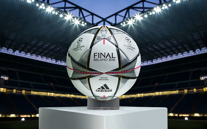 Balón de fútbol adidas blanco y gris, uefa champions league, 2016, milán, san siro, Fondo de pantalla HD