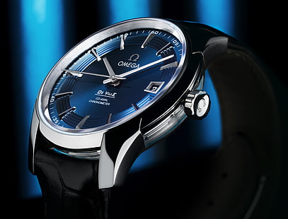 кръгъл сребърен аналогов часовник Aomega с черна каишка, Omega, син, Часовник, de ville hour vision, HD тапет HD wallpaper
