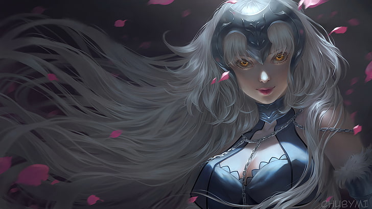 иллюстрация женского персонажа, Fate / Grand Order, Jeanne d'arc alter, лепестки, желтые глаза, длинные волосы, реалистичные, Fate Series, Avenger (Fate / Grand Order), белые волосы, HD обои