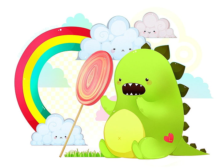 illustration de dinosaure vert, coloré, dinosaures, art numérique, Fond d'écran HD