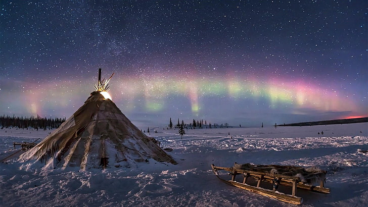 kar, göçebe, yıldız, gece gökyüzünde, gece, yıldızlı gökyüzü, kızak, kızak, çadır, kuzey ışıkları, tundra, arktik, kış, fenomen, kutup ışıkları, rusya, kutup bölgesi, gökyüzü, HD masaüstü duvar kağıdı
