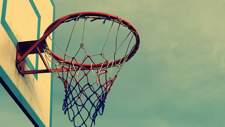 белый, бирюзовый и красный баскетбольное кольцо, фотография, баскетбол, спорт, спорт, металл, обруч, HD обои