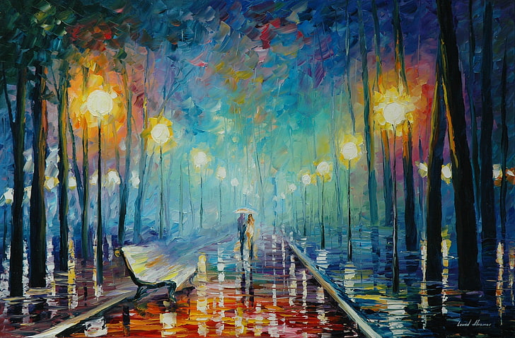 два человека гуляют возле почтовых фонарей и деревьев, рисуют, осень, листья, свет, зонт, дождь, лавка, фонари, пара, рисуют, Леонид Афремов, HD обои