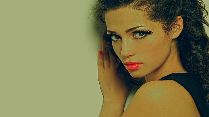 women, red lipstick, brunette, face, red nails, HD wallpaper