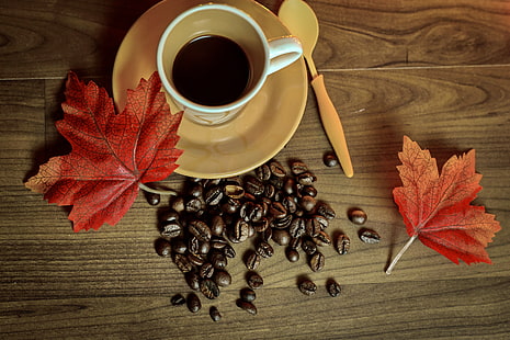 осень, кофе, чашка, книга, листья, бобы, HD обои HD wallpaper