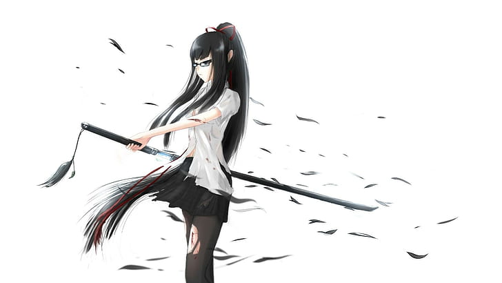 Schoolgirl with a katana sword, female anime character in white dress shirt and black skirt holding katana, anime, 1920x1080, woman, sword, schoolgirl, katana, HD wallpaper