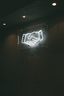 ръкостискане неонови светлинни надписи, ръкостискане, неон, стена, HD тапет HD wallpaper