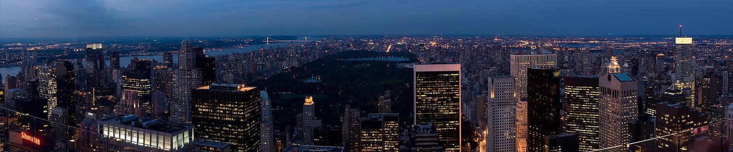 Foto panorámica de edificios, ciudad de Nueva York, pantalla triple, gran angular, Central Park, Manhattan, ciudad, paisaje urbano, luces de la ciudad, Fondo de pantalla HD HD wallpaper