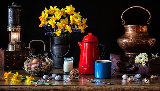  flowers, style, lamp, eggs, bouquet, mug, suitcase, still life, basket, daffodils, Muscari, chest, coffee pot, HD wallpaper HD wallpaper