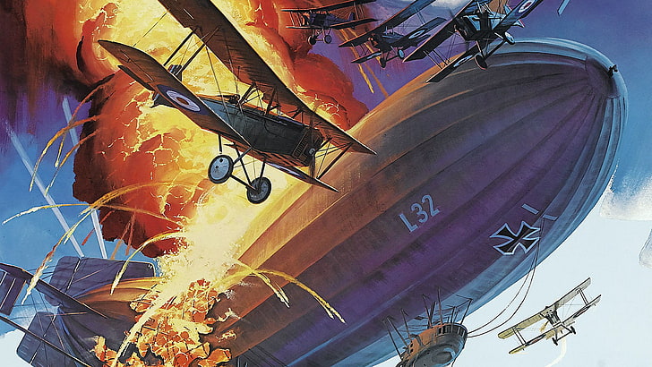 небо, огонь, пламя, битва, арт, дирижабль, воздух, самолеты, Первая мировая война, HD обои