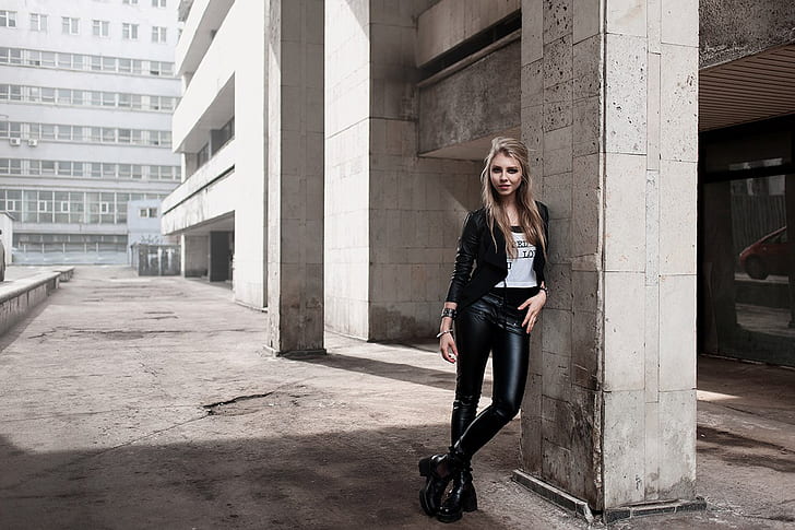 Alice Tarasenko, wanita, model, pakaian kulit hitam, di luar ruangan, Nikita Osipov, Wallpaper HD