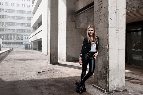 Alice Tarasenko, wanita, model, pakaian kulit hitam, di luar ruangan, Nikita Osipov, Wallpaper HD HD wallpaper
