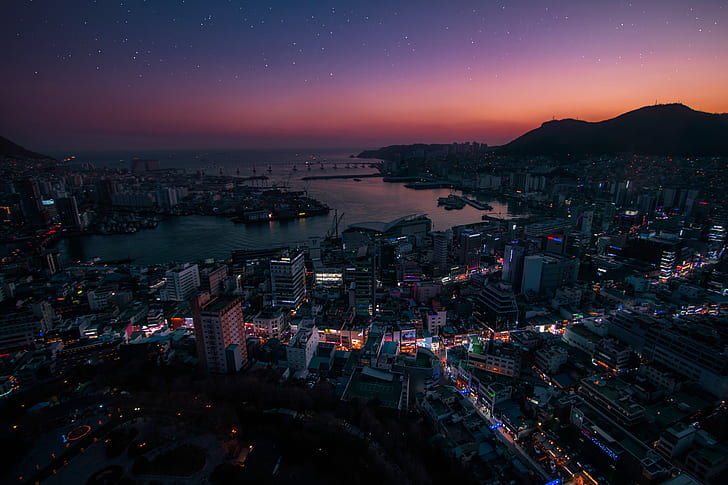 المدن ، بوسان ، المدينة ، سيتي سكيب ، الليل ، كوريا الجنوبية، خلفية HD