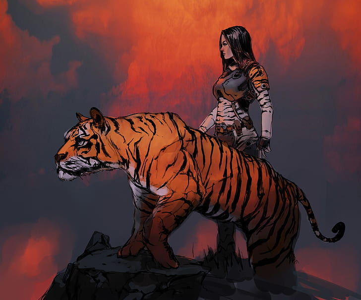 girl, tiger, beast, friends, tigersketch, HD wallpaper