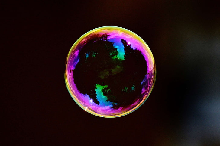 ball, black, bubble, colorful, colourful, dark, float, mirroring, reflection, soap bubble, sphere, HD wallpaper