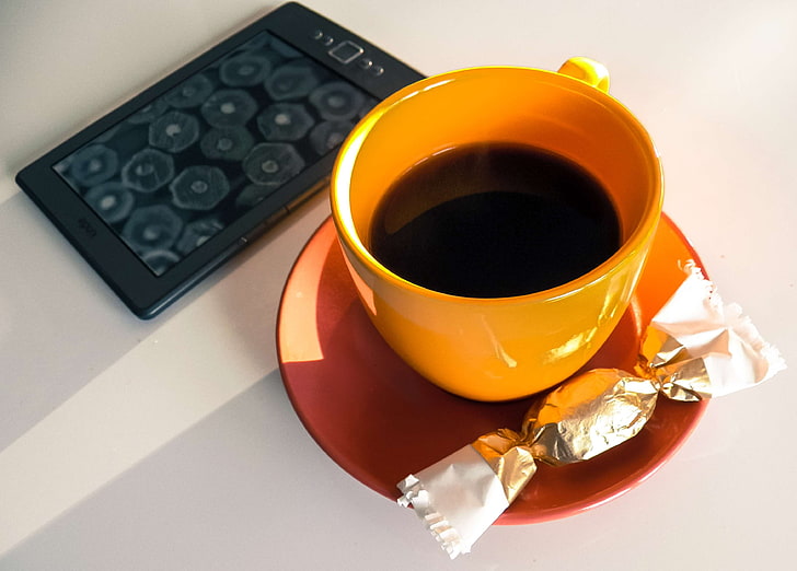 black coffee, book, calm, candy, chill, coffee cup, composition, creative, cup, drink, focus, kindle, minimalism, morning, orange, quiet, reading, sweets, work, HD wallpaper