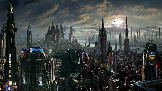 Sci Fi, град, сграда, градски пейзаж, футуристичен град, небостъргач, HD тапет HD wallpaper