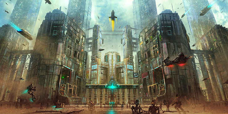 futuristic-themed wallpaper, artwork, robot, city, futuristic, spaceship, digital art, fantasy art, building, skyscraper, street, rocket, flying, lights, cyberpunk, HD wallpaper