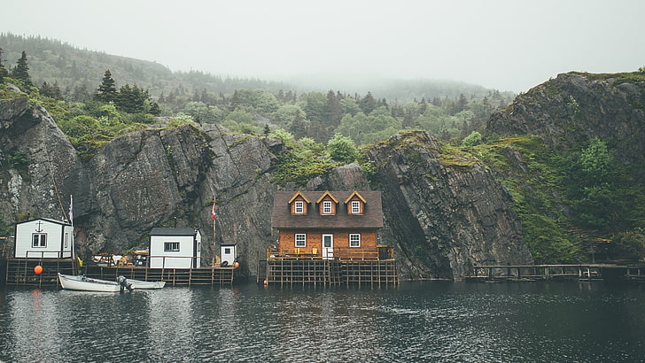 casa sul corpo sull'acqua, fotografia, paesaggio, pini, lago, nebbia, Sfondo HD