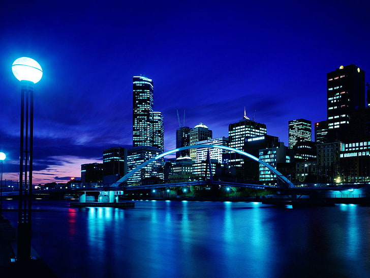 Gateway Arch, ciudad, luces, agua, río, reflexión, Melbourne, linterna, noche, paisaje urbano, azul, Australia, Fondo de pantalla HD