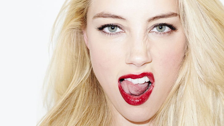 woman in blond hair, Amber Heard, tongues, face, actress, white background, HD wallpaper