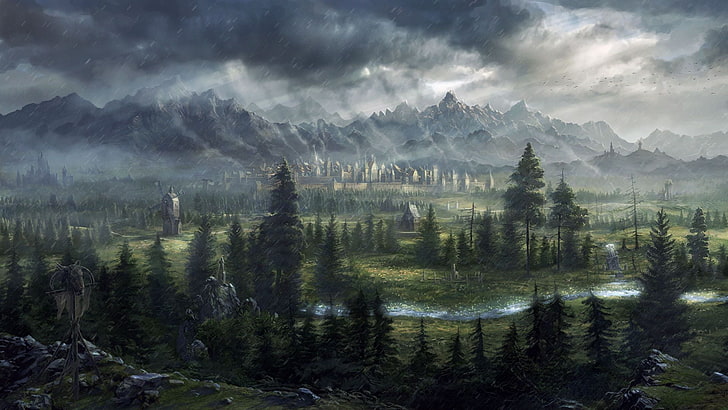 pinos verdes, arte digital, arte de fantasía, Total War: Warhammer, árboles, pinos, naturaleza, paisaje, montañas, nubes, lluvia, roca, corriente, videojuegos, castillo, Fondo de pantalla HD