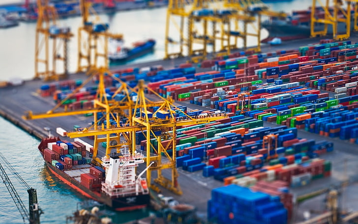 yellow crane scale model, areal photography of ship, tilt shift, harbor, container ship, HD wallpaper