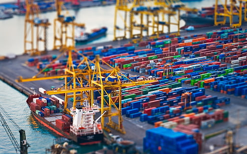 yellow crane scale model, areal photography of ship, tilt shift, harbor, container ship, HD wallpaper HD wallpaper