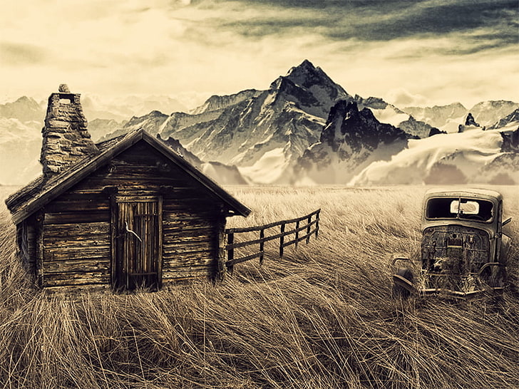 brown cabin, cabin, mountains, old car, fence, filter, sepia, HD wallpaper