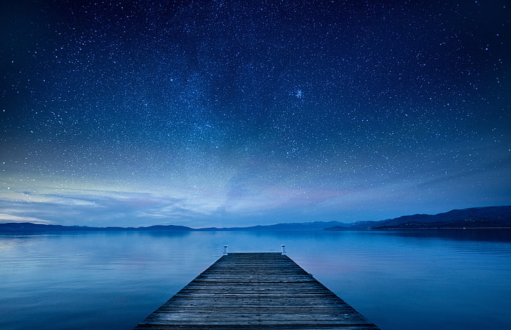 dock underneath starry night digital wallpaper, the sky, stars, nature, Lake, pier, HD wallpaper