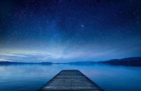 dock underneath starry night digital wallpaper, the sky, stars, nature, Lake, pier, HD wallpaper HD wallpaper