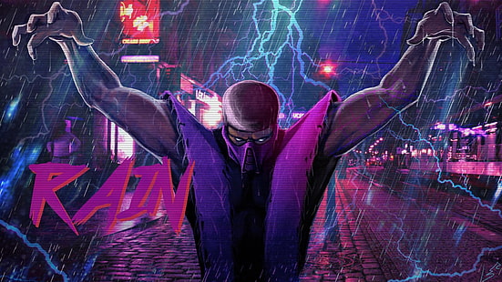  Figure, Music, Rain, Background, Zipper, Art, Mortal Kombat, Synth, Retrowave, Synthwave, New Retro Wave, Futuresynth, Sintav, Retrouve, Outrun, Neon Rain, by benday990, HD wallpaper HD wallpaper