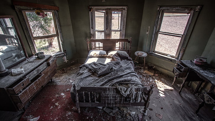 édredon gris, intérieur, abandonné, chambre, terre, lit, Fond d'écran HD